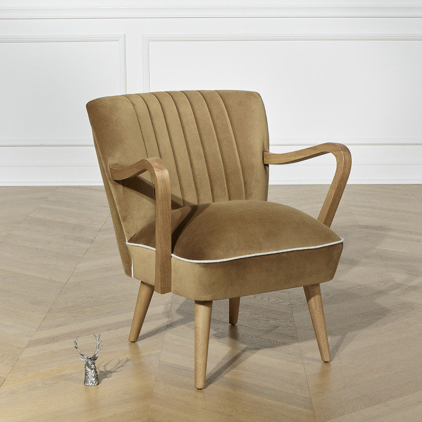 Fauteuil SIXTY - Style scandinave, en bois massif et tissu velours de coton, bois certifié FSC®, 1 place