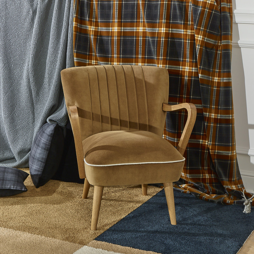 Fauteuil SIXTY - Style scandinave, en bois massif et tissu velours de coton, bois certifié FSC®, 1 place