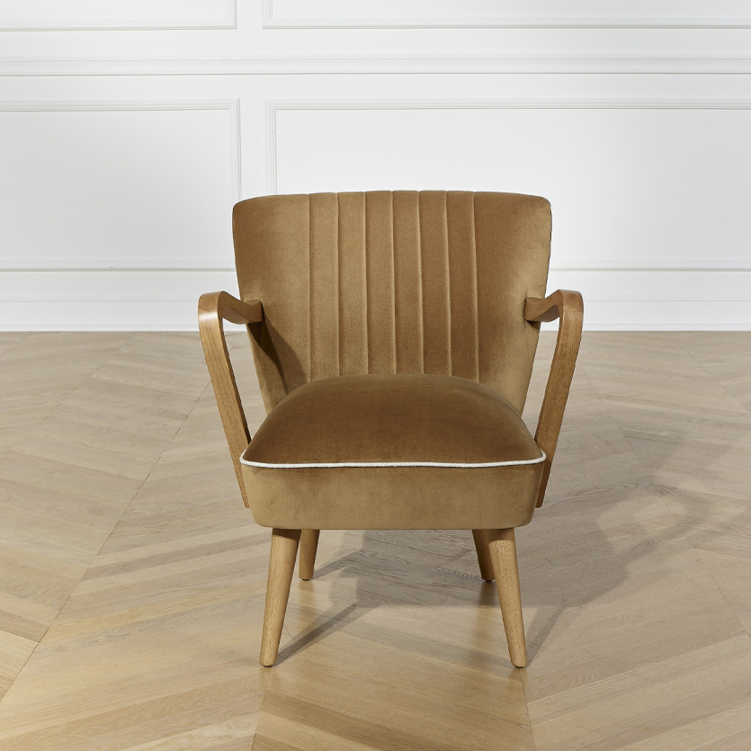 Fauteuil SIXTY - Style scandinave, en bois massif et tissu velours de coton, bois certifié FSC®, 1 place