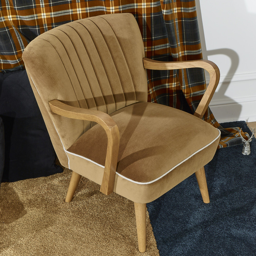 Fauteuil SIXTY - Style scandinave, en bois massif et tissu velours de coton, bois certifié FSC®, 1 place