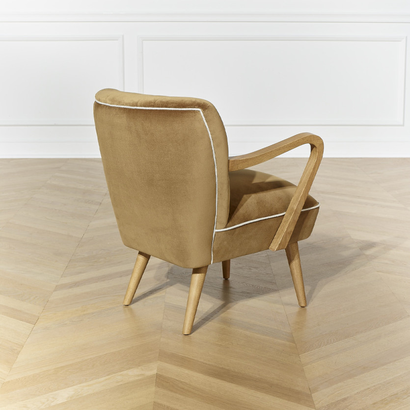 Fauteuil SIXTY - Style scandinave, en bois massif et tissu velours de coton, bois certifié FSC®, 1 place