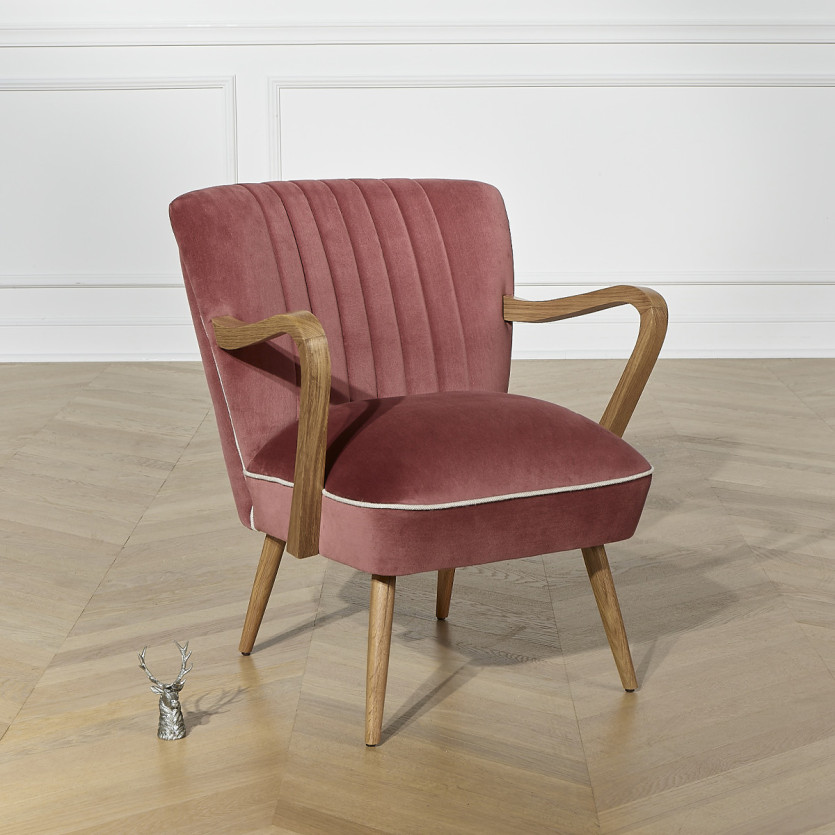Fauteuil SIXTY - Style scandinave, en bois massif et tissu velours de coton, bois certifié FSC®, 1 place