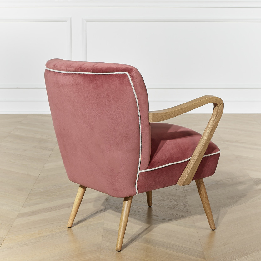 Fauteuil SIXTY - Style scandinave, en bois massif et tissu velours de coton, bois certifié FSC®, 1 place