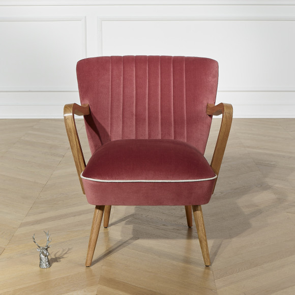 Fauteuil SIXTY - Style scandinave, en bois massif et tissu velours de coton, bois certifié FSC®, 1 place