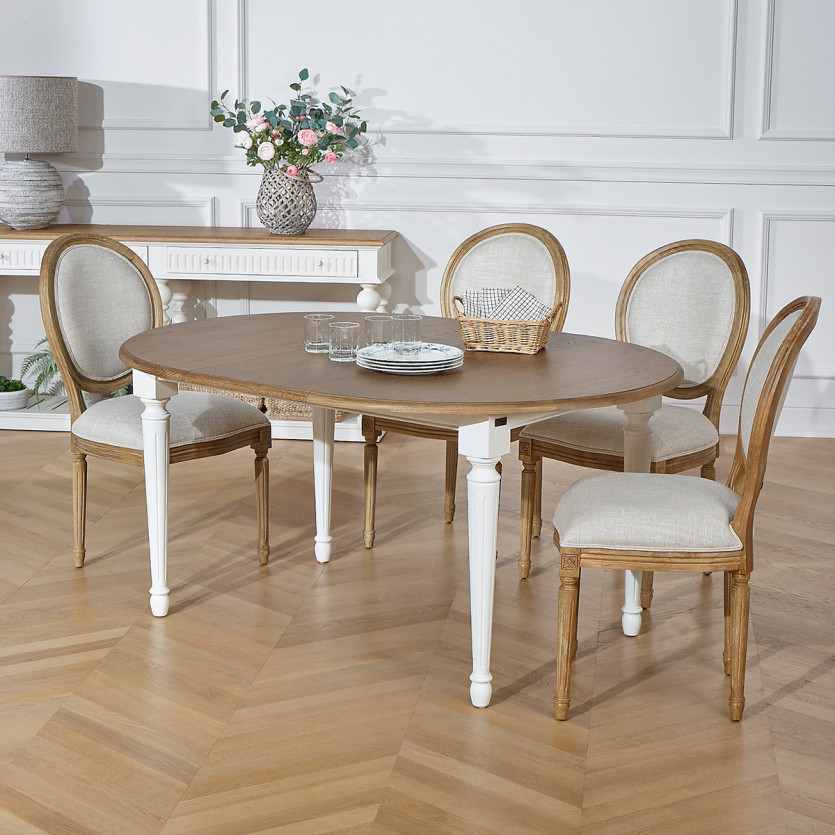 Table ronde extensible ARLINGTON - Style romantique, plateau en chêne, 4/6 couverts, bois certifié FSC®