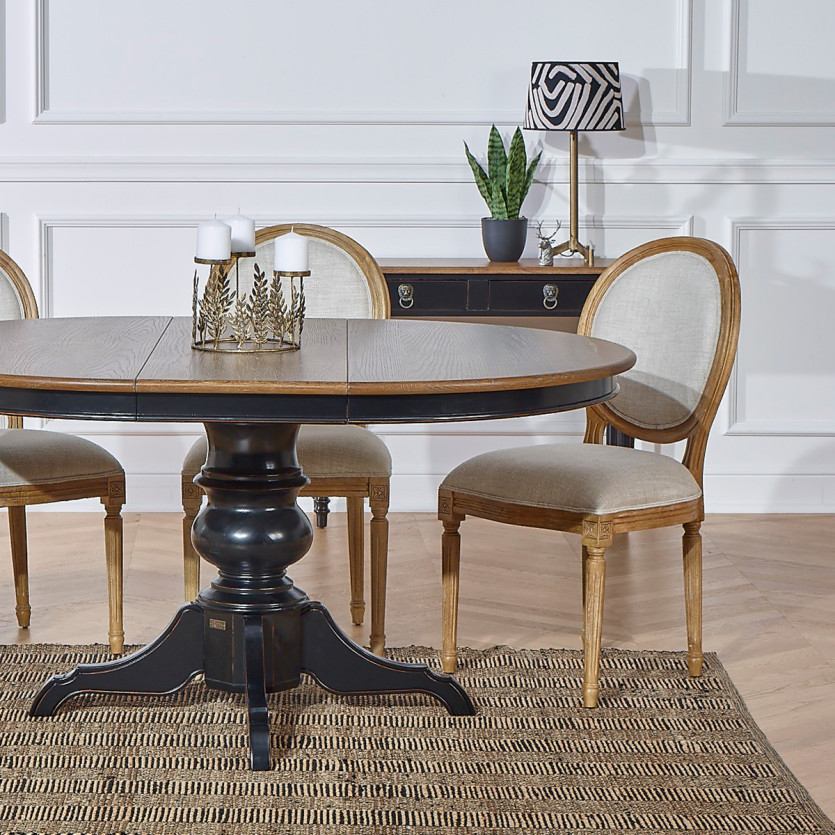Table à manger extensible avec allonge ARIANE - Style romantique, plateau en chêne, pied noir, 4/6 couverts