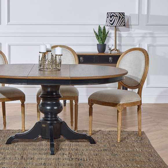 Table à manger extensible avec allonge ARIANE - Style romantique, plateau en chêne, pied noir, 4/6 couverts