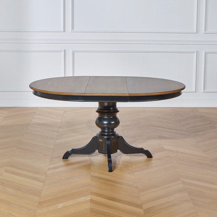 Table à manger extensible avec allonge ARIANE - Style romantique, plateau en chêne, pied noir, 4/6 couverts