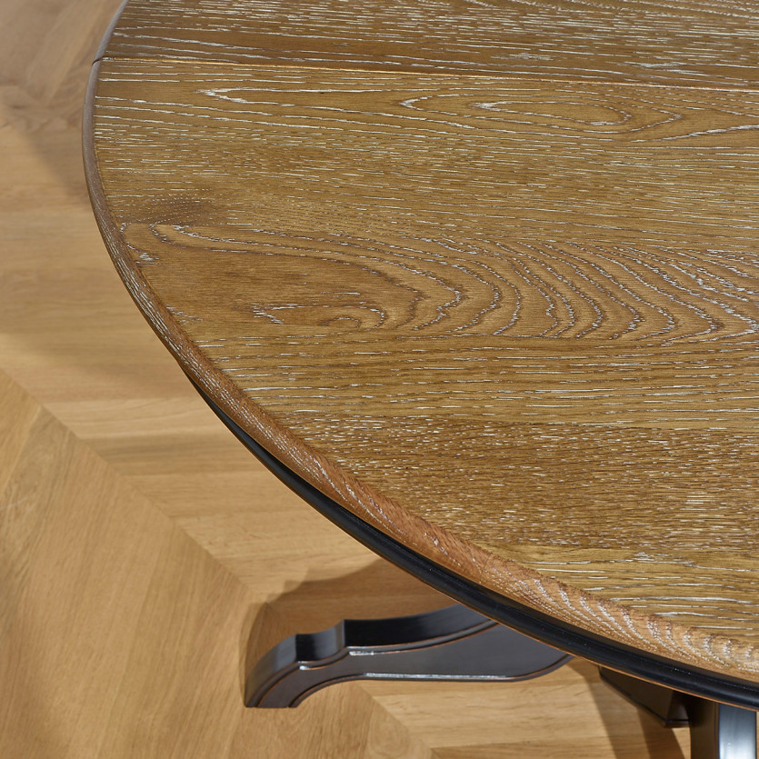 Table à manger extensible avec allonge ARIANE - Style romantique, plateau en chêne, pied noir, 4/6 couverts
