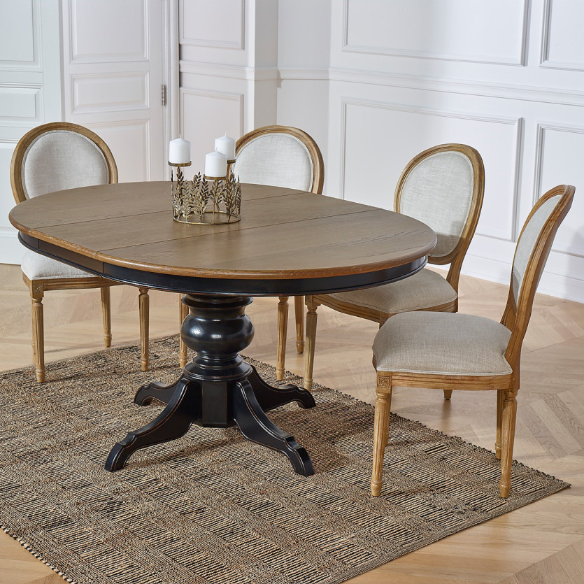 Table à manger extensible ARIANE - Style romantique, plateau chêne, pied noir, 4/6 couverts - Bois certifié FSC®