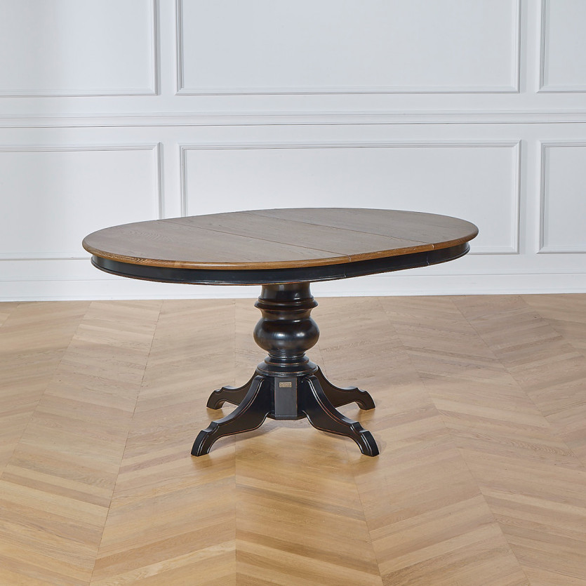 Table à manger extensible ARIANE - Style romantique, plateau chêne, pied noir, 4/6 couverts - Bois certifié FSC®
