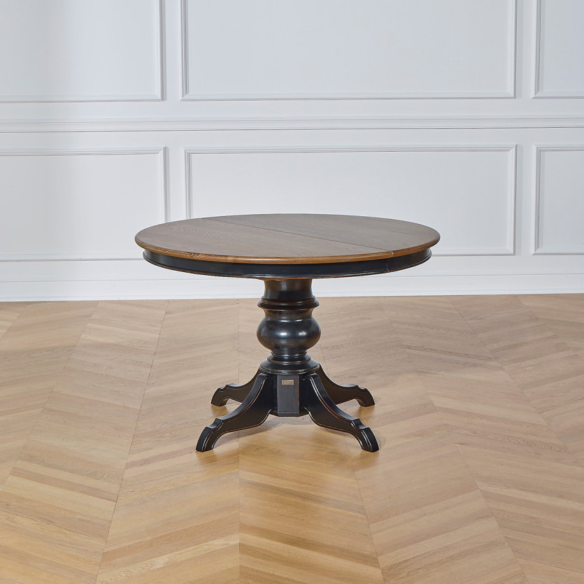 Table à manger extensible ARIANE - Style romantique, plateau chêne, pied noir, 4/6 couverts - Bois certifié FSC®