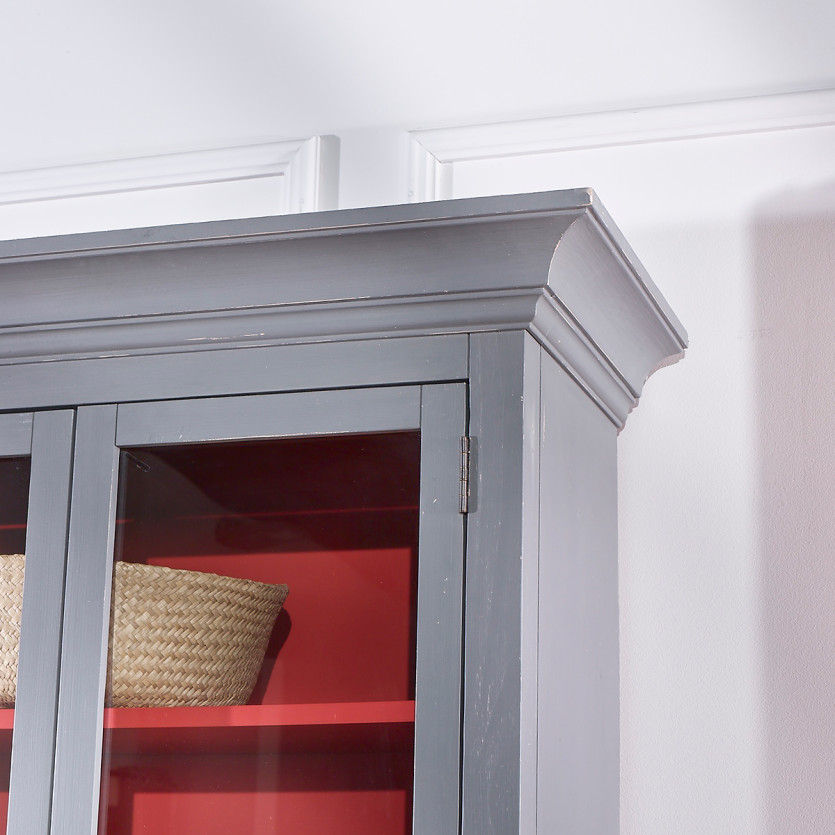 EMILY - Vitrinekast in shabby chic-stijl, gelakt grijs, 2 deuren, 6 planken