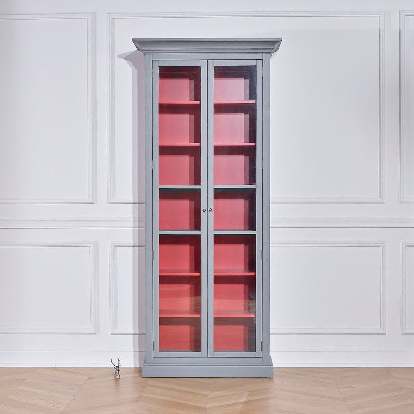 EMILY - Armoire vitrine style shabby chic, laquée gris, 2 portes, 6 étagères
