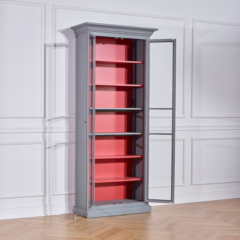 EMILY - Vitrinekast in shabby chic-stijl, gelakt grijs, 2 deuren, 6 planken