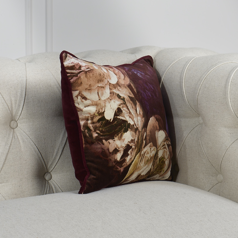 AZALÉE – Coussin rectangle en tissu à motifs fleuris et velours pourpre, 42 x 35 cm