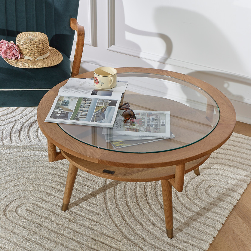 MANHATTAN – Table basse double plateau ronde, style scandinave en chêne et verre trempé, bois certifié FSC®