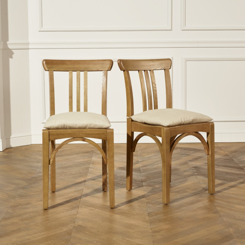CALBAR - Lot de 2 chaises bistrot style contemporain en bois massif, coussins lin coton, bois certifié FSC®