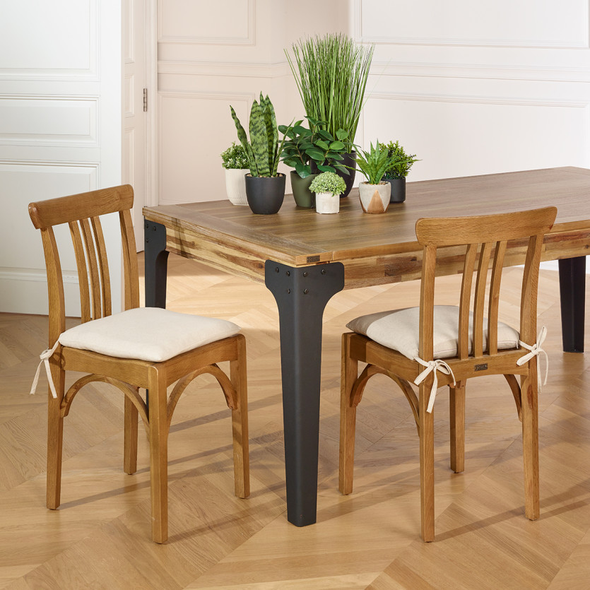 CALBAR - Lot de 2 chaises bistrot style contemporain en bois massif, coussins lin coton, bois certifié FSC®