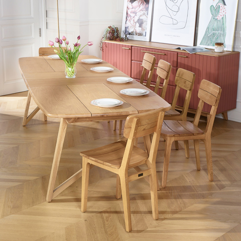 Table à manger extensible LUCETTE -  Style contemporain en chêne massif, 2 rallonges, 6/10 couverts
