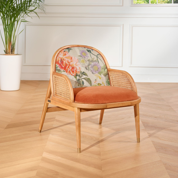 MARCEL TUBEROSE - Poltrona estilo escandinavo em carvalho, palhinha e veludo, 1 lugar