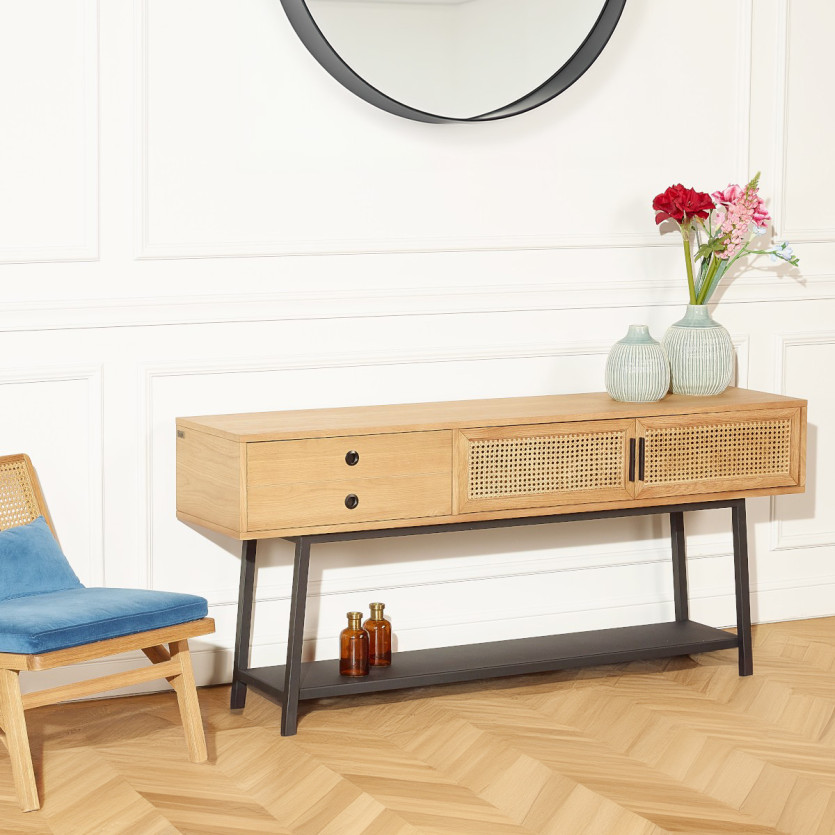 Console LALALA - Style scandinave en chêne, cannage et métal, 2 portes, 1 tiroir