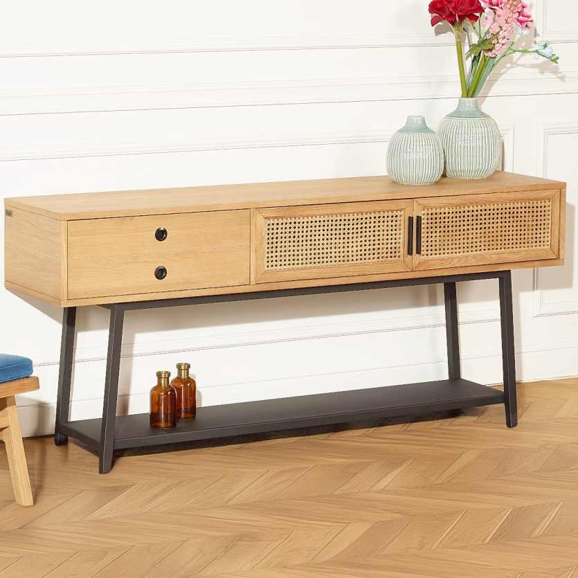 Console LALALA - Style scandinave en chêne, cannage et métal, 2 portes, 1 tiroir