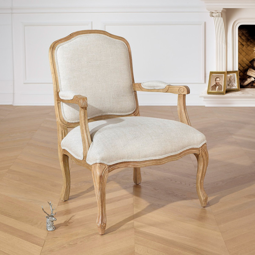 Fauteuil cabriolet INES – Style Louis XV en bois et tissu lin premium, 1 place