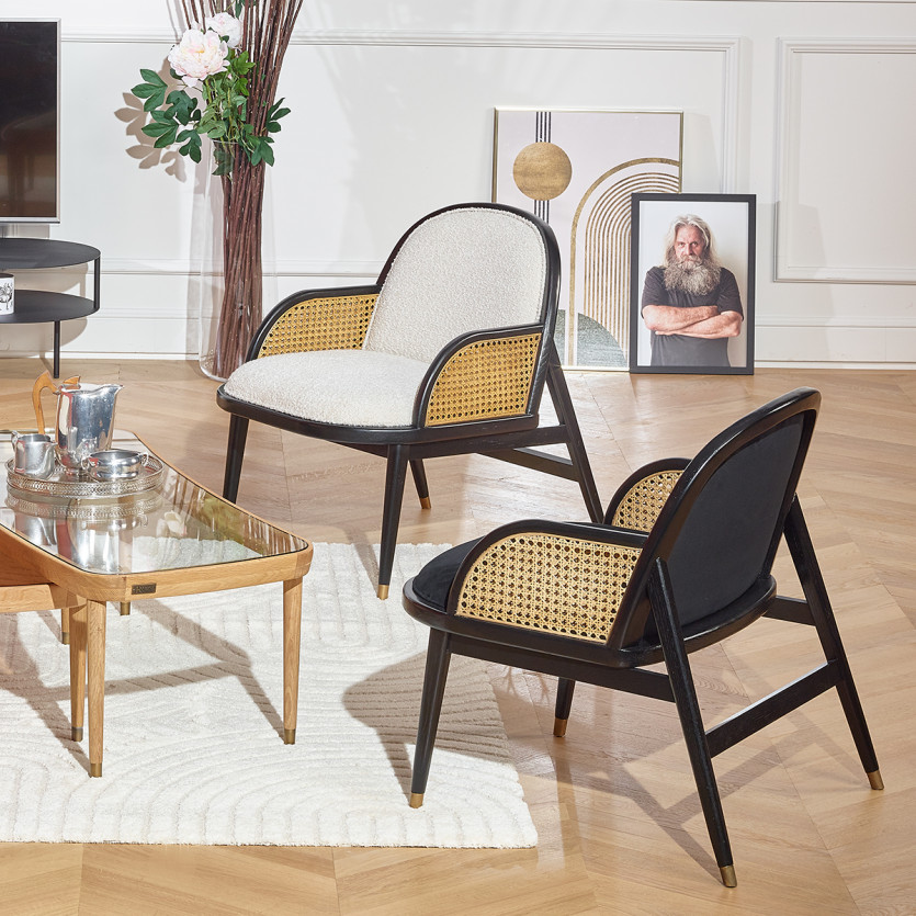 MARCEL – Fauteuil style scandinave en rotin, bois massif et tissu effet laine bouclée, 1 place