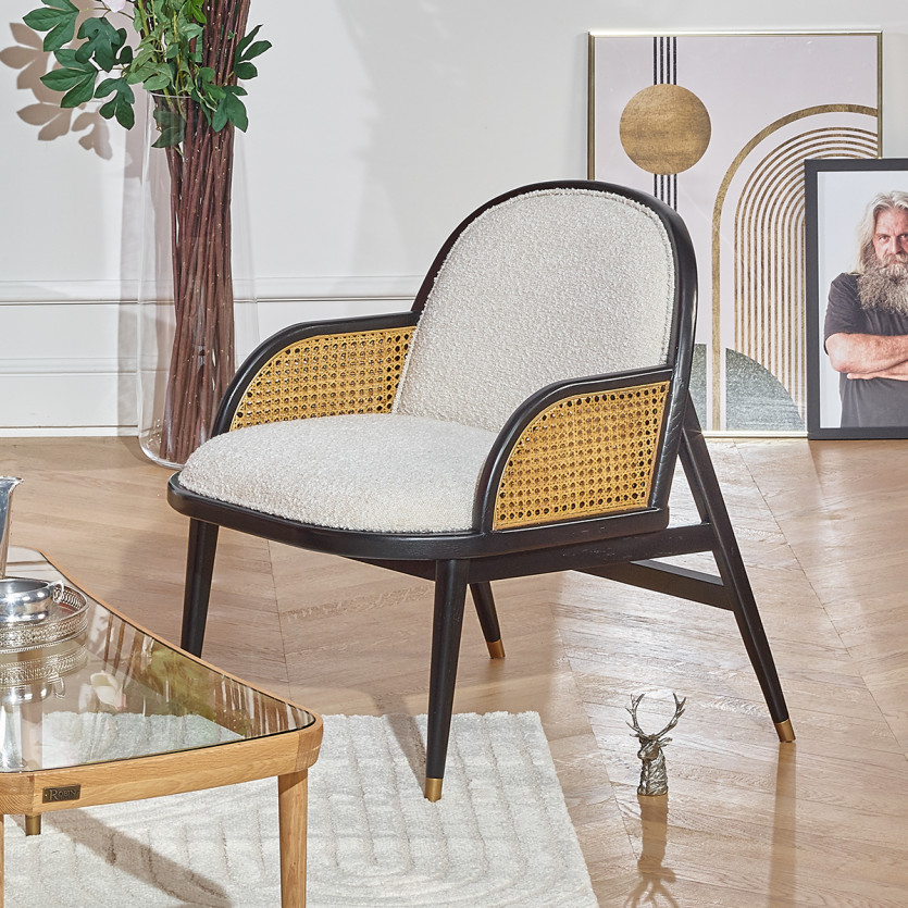 MARCEL – Fauteuil style scandinave en rotin, bois massif et tissu effet laine bouclée, 1 place