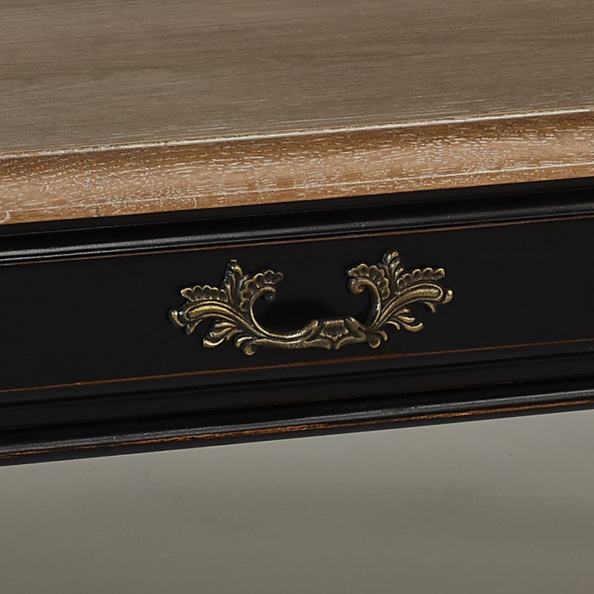 MARIANNE -Table basse style shabby chic, plateau en chêne, pieds noirs, 4 tiroirs