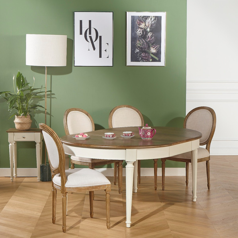 Lot de 2 chaises MEDAILLON - Style shabby chic en bois massif et lin premium