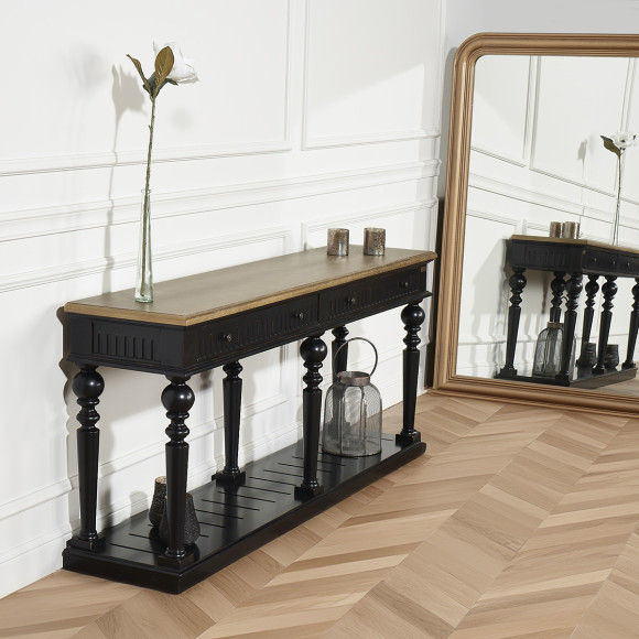 Console AUDE - Style shabby chic, plateau en chêne, 2 tiroirs - Bois certifié FSC®