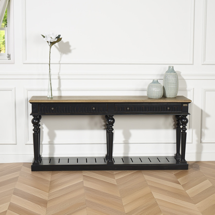 Console AUDE - Style shabby chic, plateau en chêne, 2 tiroirs - Bois certifié FSC®