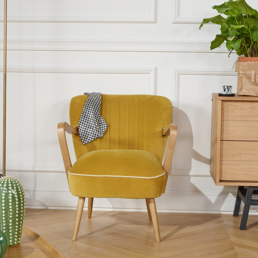 Fauteuil  SIXTY - Style scandinave, en velours et bois massif, bois certifié FSC®