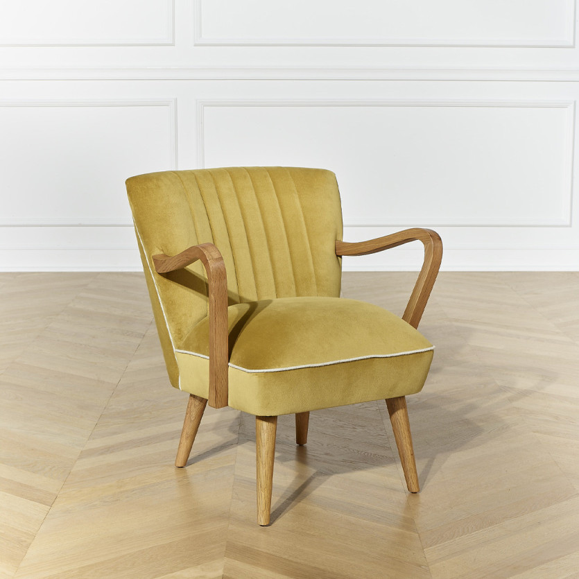 Fauteuil  SIXTY - Style scandinave, en velours et bois massif, bois certifié FSC®