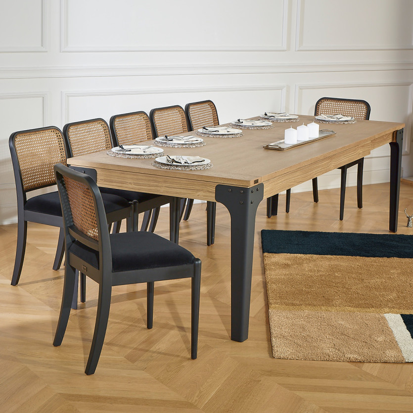 Table à manger SEATTLE - Style industriel, 10/12 couverts, plateau en chêne, bois certifié FSC®
