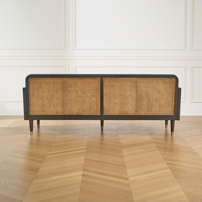 Canapé ARABELLA – Style vintage en tissu velours, bois et rotin, 3 places, bois certifié FSC®