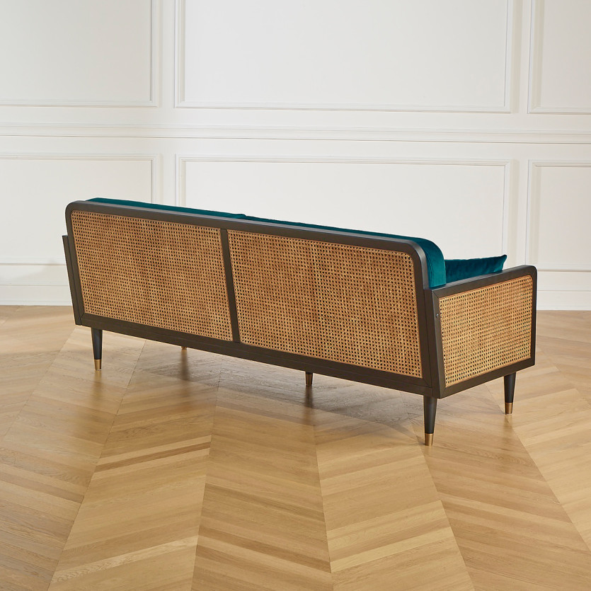 Canapé ARABELLA – Style vintage en tissu velours, bois et rotin, 3 places, bois certifié FSC®