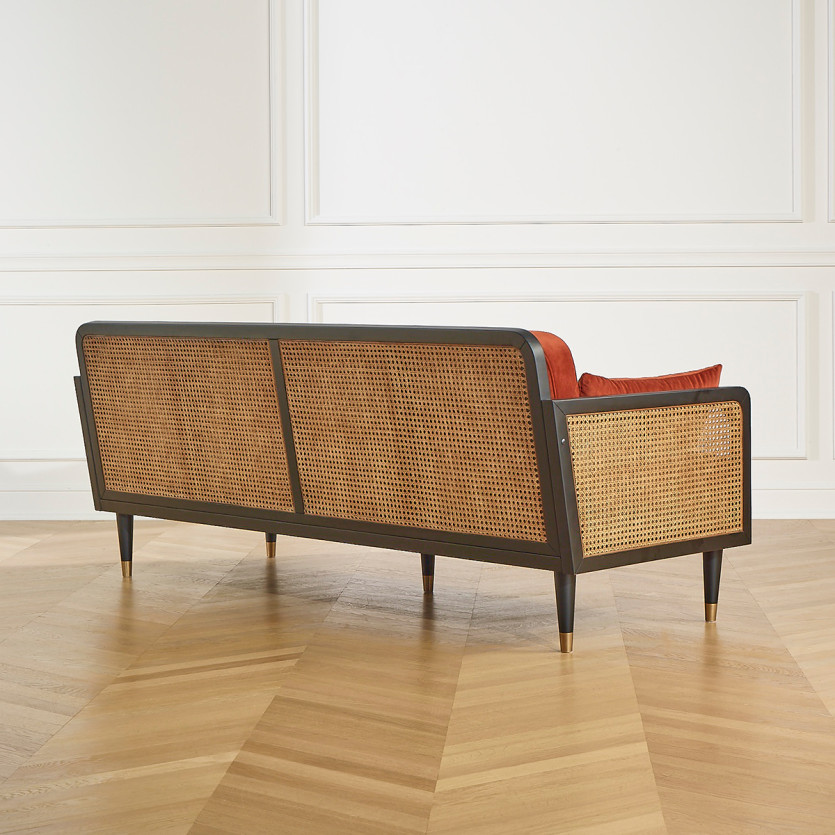 Canapé ARABELLA – Style vintage en tissu velours, bois et rotin, 3 places, bois certifié FSC®