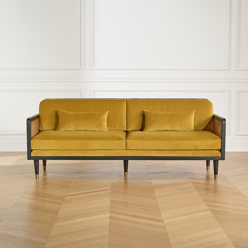 Canapé ARABELLA – Style vintage en tissu velours, bois et rotin, 3 places, bois certifié FSC®