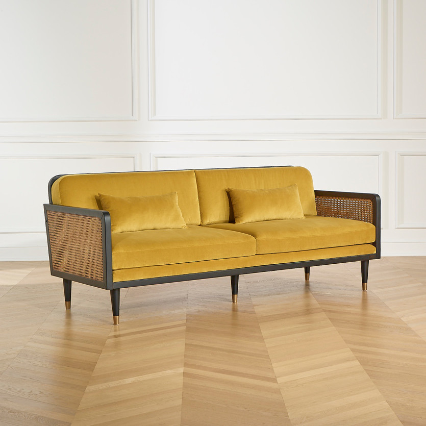 Canapé ARABELLA – Style vintage en tissu velours, bois et rotin, 3 places, bois certifié FSC®
