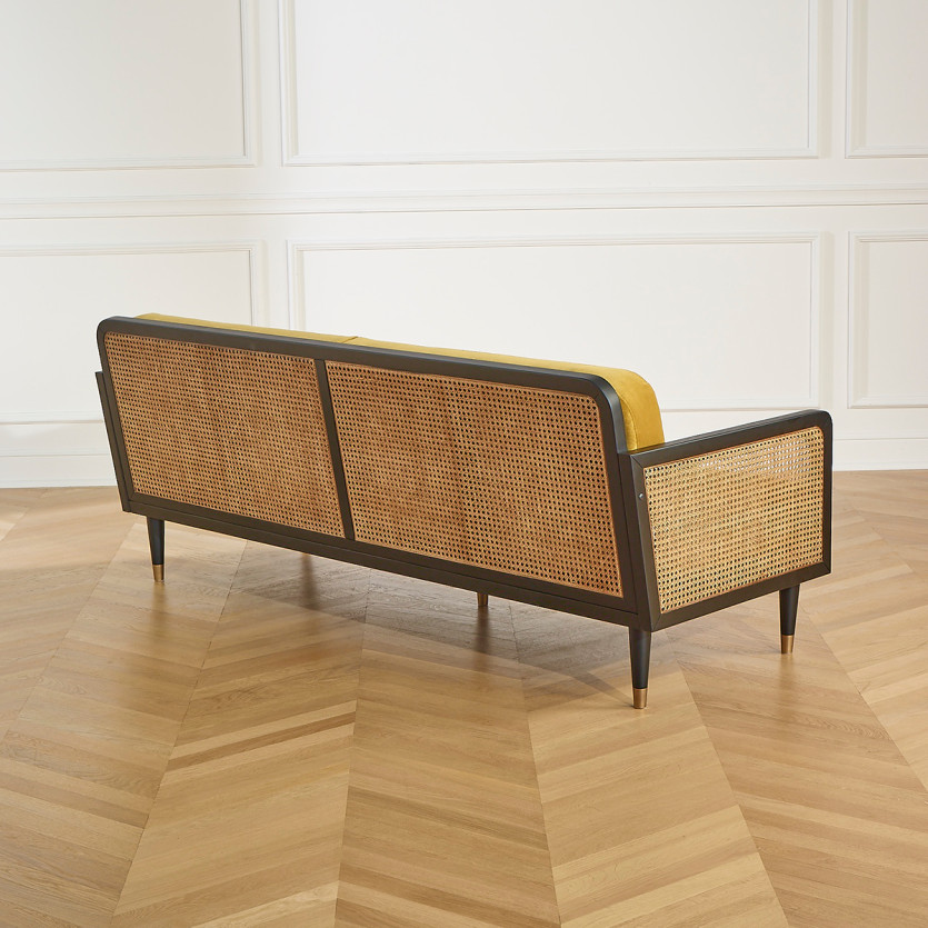 Canapé ARABELLA – Style vintage en tissu velours, bois et rotin, 3 places, bois certifié FSC®