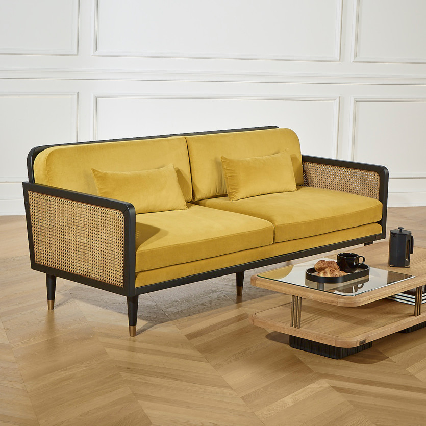 Canapé ARABELLA – Style vintage en tissu velours, bois et rotin, 3 places, bois certifié FSC®