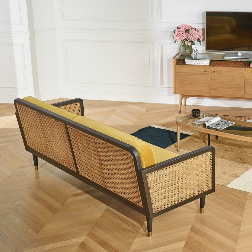 Canapé ARABELLA – Style vintage en tissu velours, bois et rotin, 3 places, bois certifié FSC®