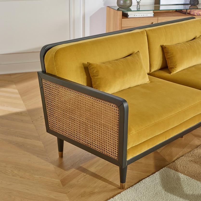 Canapé ARABELLA – Style vintage en tissu velours, bois et rotin, 3 places, bois certifié FSC®