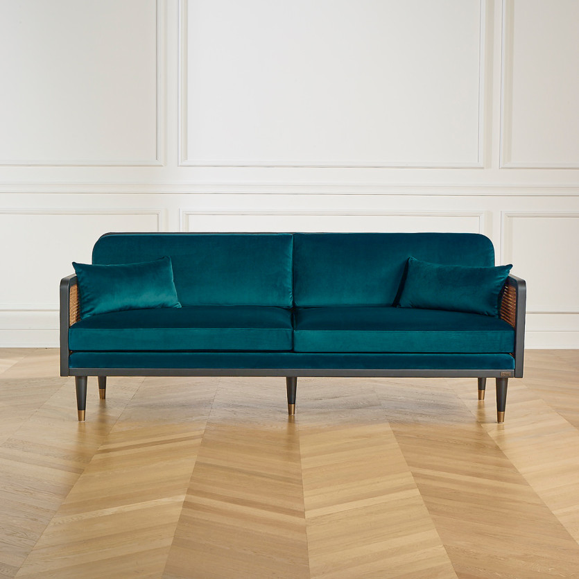 Canapé ARABELLA – Style vintage en tissu velours, bois et rotin, 3 places, bois certifié FSC®