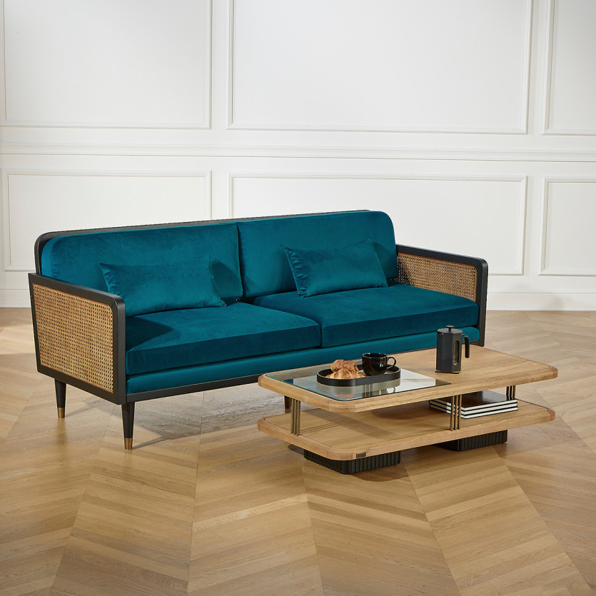 Canapé ARABELLA – Style vintage en tissu velours, bois et rotin, 3 places, bois certifié FSC®
