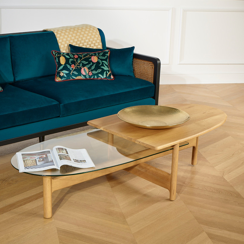 Canapé ARABELLA – Style vintage en tissu velours, bois et rotin, 3 places, bois certifié FSC®