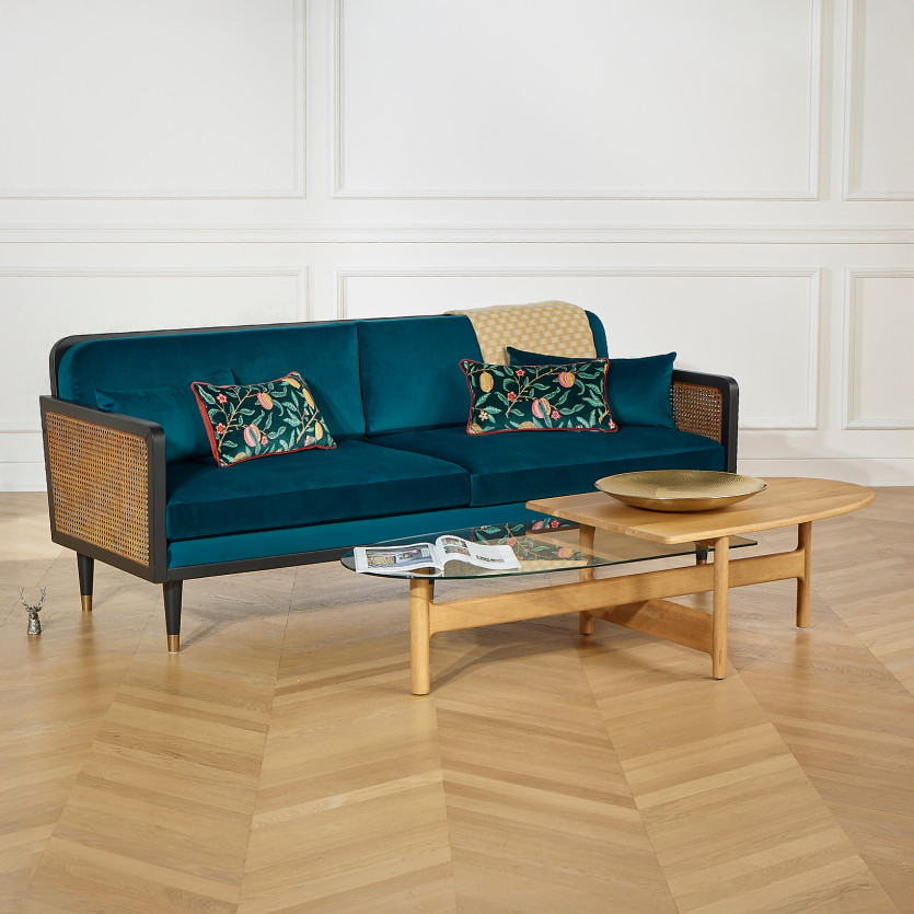 Canapé ARABELLA – Style vintage en tissu velours, bois et rotin, 3 places, bois certifié FSC®
